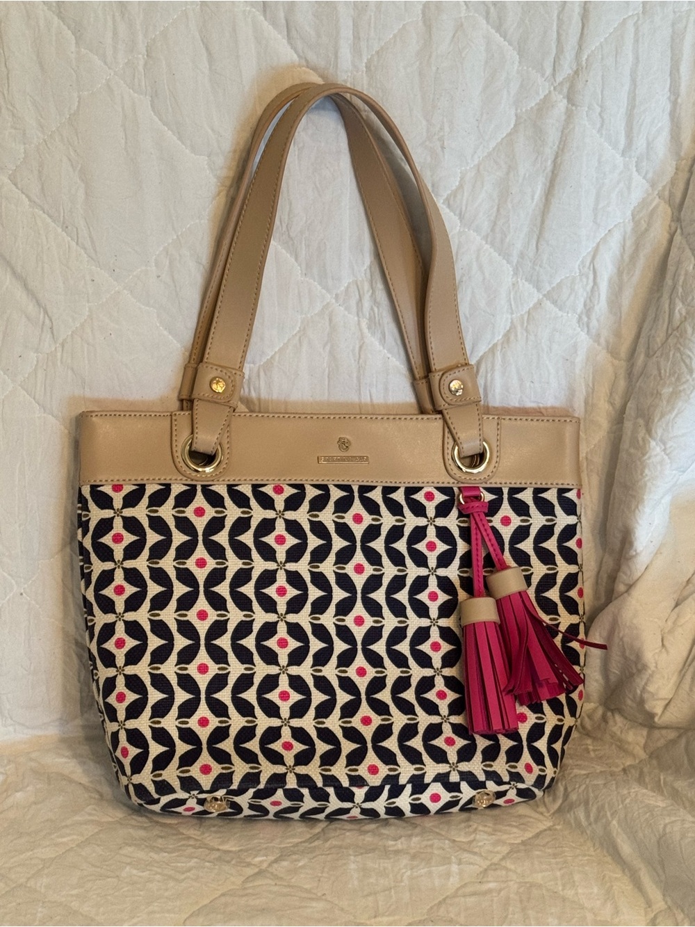 Tan, Navy and Pink Spartina449 Tote Bag with Pink Tassels with Leather